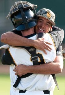 Chris Matheson embraces catcher xx, after the first no-hitter in Long Beach State baseball history.