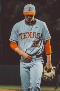 In Thursday's series opener, Texas freshman RHP Ty Madden (7 IP–5 H–3 BB–7K) – framed in front of Sunken Diamond's distinctive, massive trees – was locked in a duel opposite Stanford so. RHP Brendan Beck (8.0-plus–2R–7H–BB–5K). Beck allowed an infield single and walk in the 9th, as the Longhorns rallied for the thrilling 4–0 road victory. – photo courtesy Texas